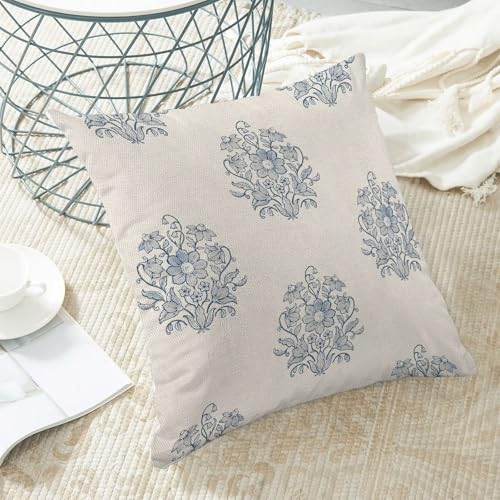Light Blue Floral Pillow Covers 16x16 Inch Set of 2 - Linen