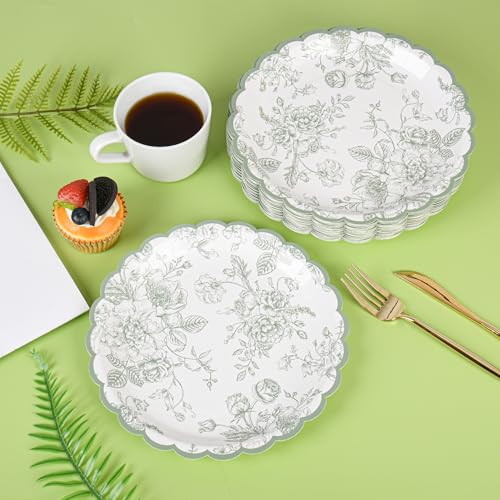 Sage Green Floral Paper Plates - 9in Scalloped, 24 Count