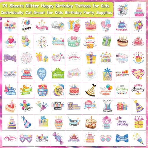 Glitter Happy Birthday Temporary Tattoos for Kids - 74 Sheets