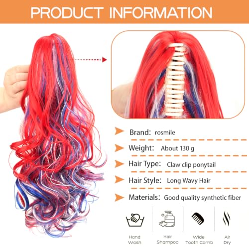 Rosmile 16 Inch Colorful Claw Clip Ponytail Extension Curly Wavy Hair, Pink Purple