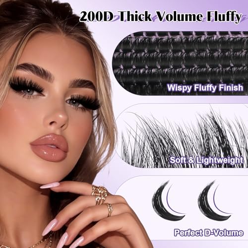 B&Q Fluffy Lash Clusters Thick 200D, Volume Eyelash Clusters 10-18mm, D Curl Cluster Eyelash Extensions, Supersoft Individual Lashes Wispy Cluster Lashes Dramatic Full Look Eyelash£¨200D£©