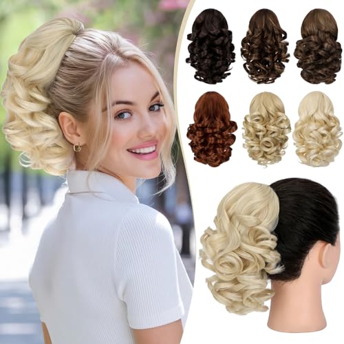 FELENDY 9" Curly Claw Clip Ponytail Extension - Light Blonde Synthetic Hair