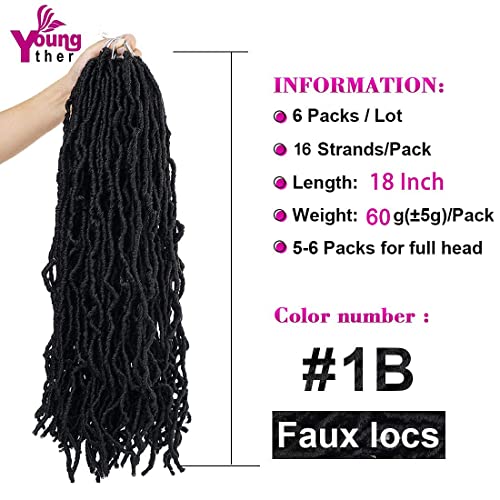 Youngther 18 Inch Faux Locs Crochet Hair 6 Packs Soft Goddess Locs Pre Looped for Black Women - 1B#