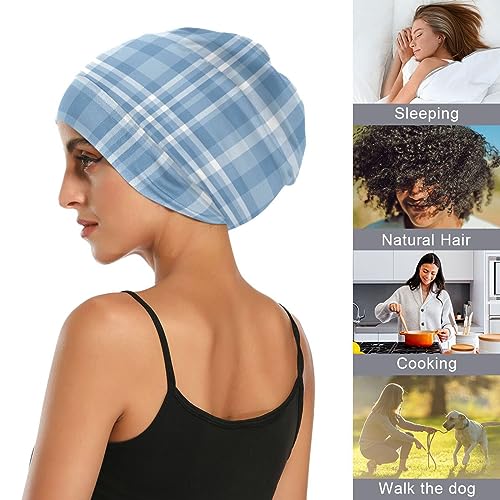 ElliTarr Satin Lined Sleep Bonnet for Curly Hair - Blue Plaid