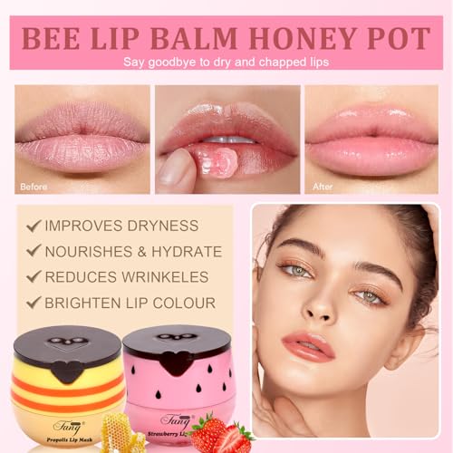 5 Pcs Bee Lip Balm Set - Honey, Strawberry, Watermelon, Apple Lime, Cherry - Moisturizing Overnight Lip Mask