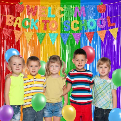 Welcome Back to School Banner with Rainbow Foil Curtains