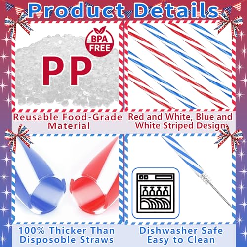 50 Reusable Red White Blue Striped Straws - Patriotic Party Supplies