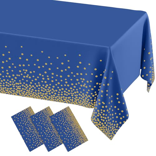 3 Pack Navy Dot Disposable Tablecloths, 54x108 Inch Waterproof
