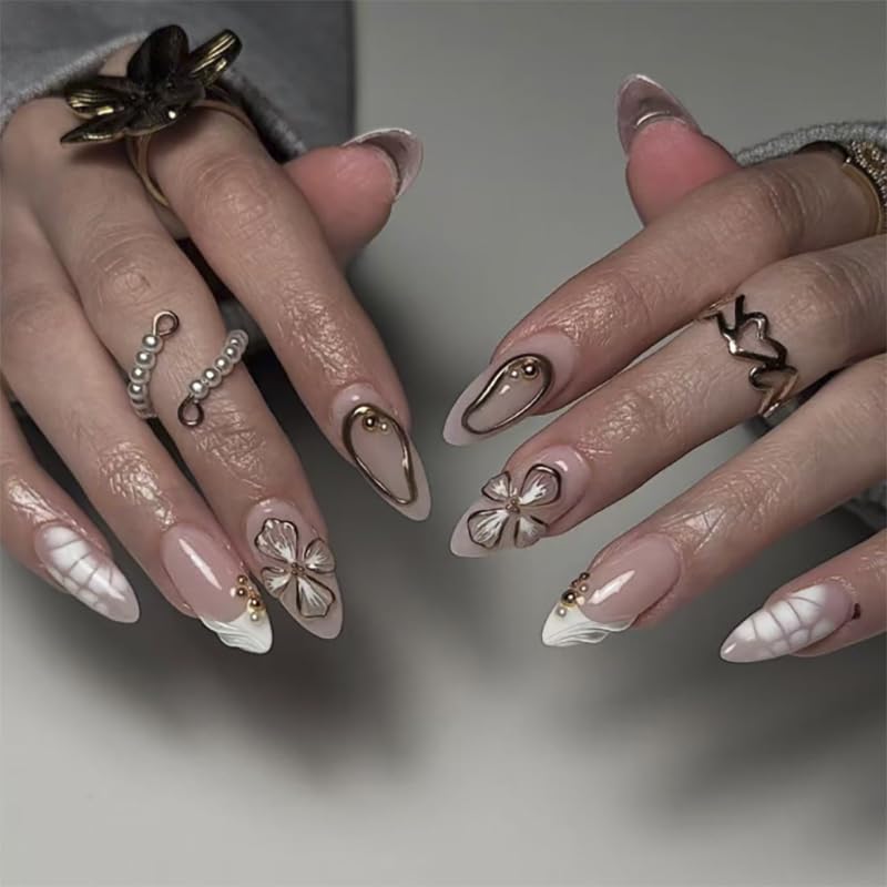 Cat Eye French Tip Press-On Nails - Nude & Pink Short Almond | Reusable Glue-On Nails with Gold Line for Weddings & Parties