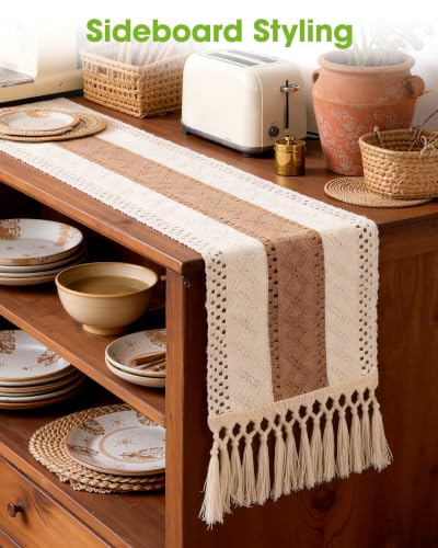 Boho Table Runner 12x60 Inch with Tassels - Brown Linen Decor