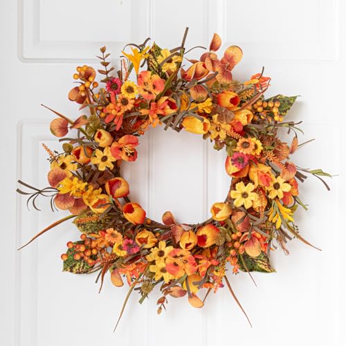 18-Inch Rustic Autumn Wreath with Orange Tulips & Wildflowers