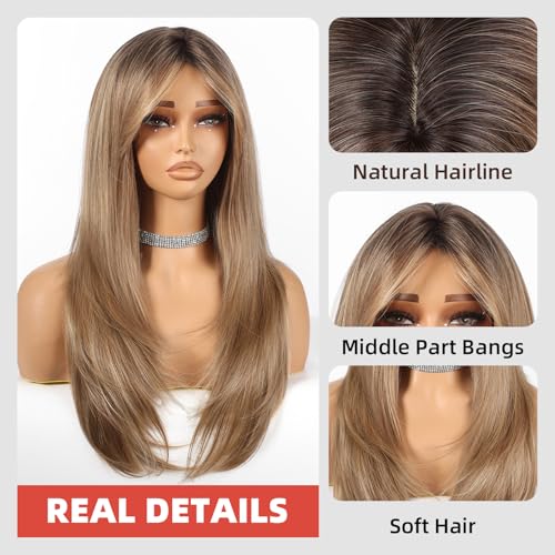 Allbell 24-Inch Ombre Light Brown Long Straight Layered Synthetic Wig