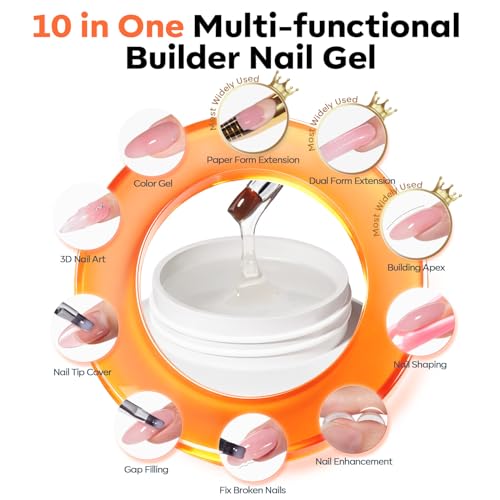 Modelones Gel Builder Nail Kit - 10-in-1 Clear & Pink Gel with Brush & Forms