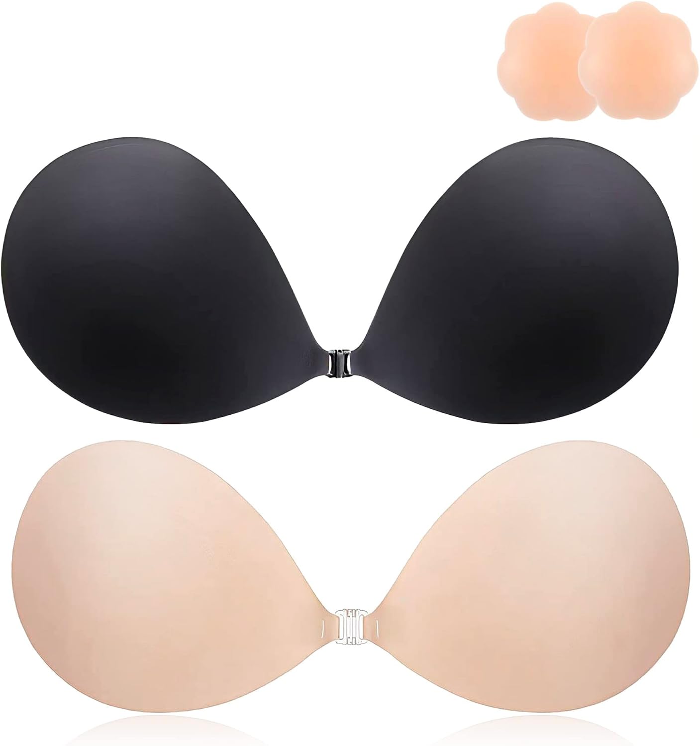 Push Up Sticky Bra - 2 Pack Reusable Invisible Backless Strapless Bra with Nipple Covers | Ultra Adhesive