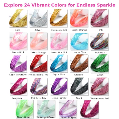 Hair Tinsel Kit with Tools, 24 Colors Fairy Hair Extensions, 9000+ Strands