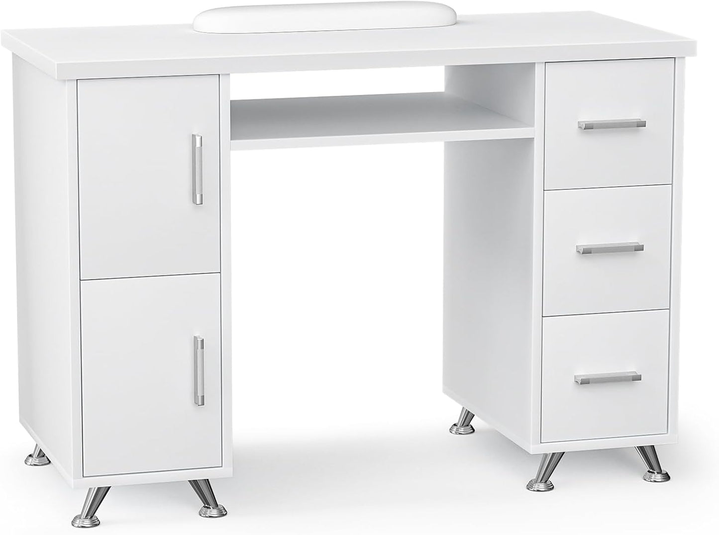 Manicure Table - Durable Nail Desk with 3 Drawers & 2 Cabinets | Acetone-Resistant, Versatile Salon Station (White-Gold)