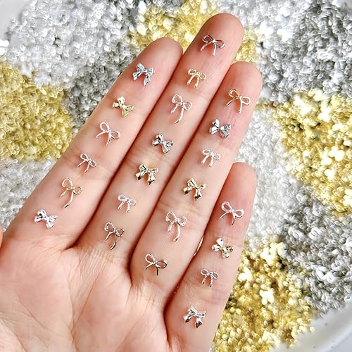 120Pcs Mixed 3D Metal Bow Nail Charms - Gold & Silver Nail Art Accessories