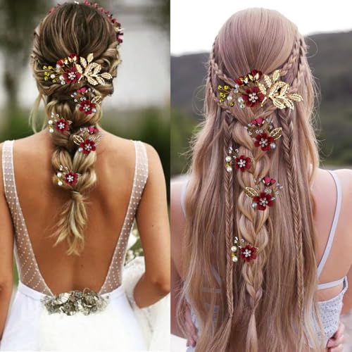 LAPOHI 5 Pcs Bridal Wedding Hair Pins Crystal Pearl Flower & Burgundy Headpiece
