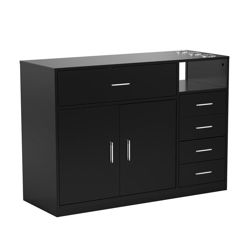 OmySalon Salon Station Free Standing Cabinet, Barber Hair Styling Stations, Beauty Spa Equipment with 5 Drawers, 1 Storage Cabinet, 3 Hair Dryer Holders, Black