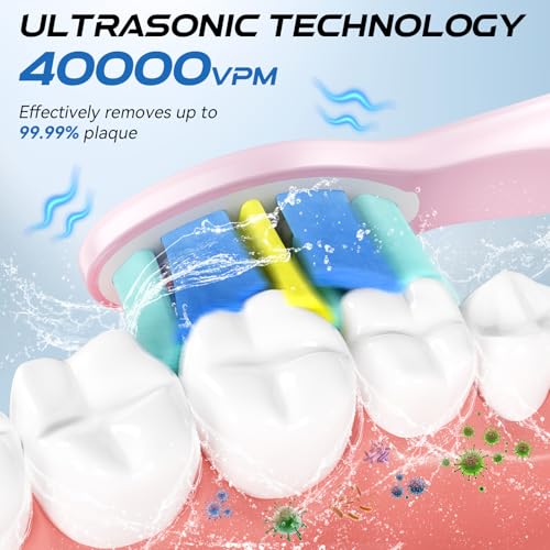 YUNCHI Pink Electric Toothbrush - 5 Modes, 40,000 VPM, 8 DuPont Heads, IPX7, 30-Day Battery, 2-Min Timer, Travel Case
