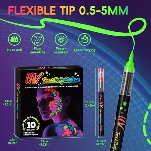 20-Color UV Neon Face & Body Paint Marker Set – Glow-in-the-Dark Makeup