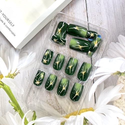 Green Lightning Press on Nails Medium Square Fake Nails 24Pcs Reusable Glossy Acrylic DIY Manicure