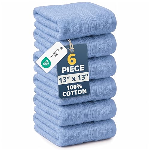 LANE LINEN 100% Cotton Wash Cloths - 6 Pack Cerulean Blue, Soft & Durable