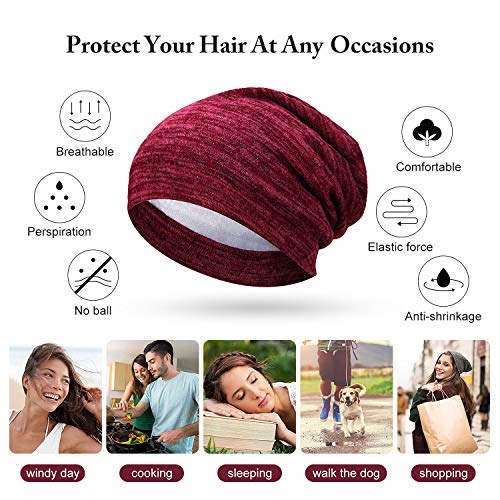 Satin Lined Sleep Cap Set of 4 - Black, Army Green, Wine Red, Gray | Soft Slouchy Bonnets for Hair Care