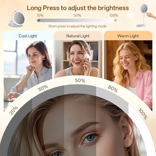 Qinxinmir 10X Magnifying Travel Makeup Mirror with 3-Color LED Lighting