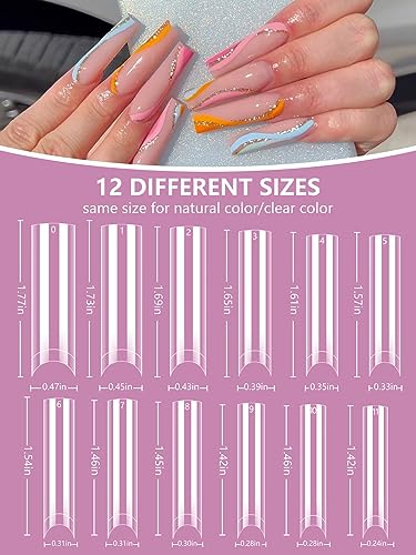 Deciniee 480Pcs Natural & Clear Square Nail Tips Kit with Glue - Extra Long C Curve, 12 Sizes, Half Cover, DIY & Salon Use