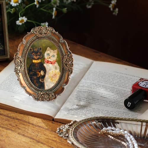 VINLIFE Vintage Oval Mini Picture Frame 2.5x3.5 - Bronze Floral Design