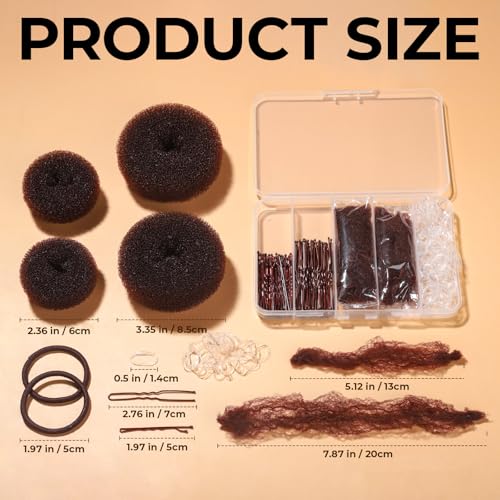 YGDZ Brown Hair Bun Kit – 200 pcs including Donuts, Nets, Bobby Pins, Ties (Brown)