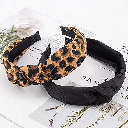 KICOSY 2PCS Wide Non-Slip Leopard & Black Knot Headbands for Women & Girls