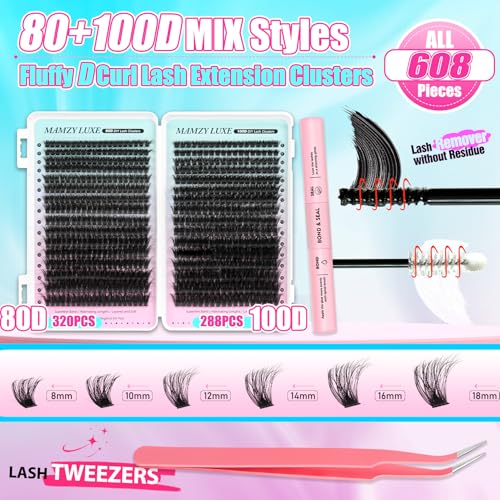Mamzy 608Pcs Fluffy Lash Clusters Kit - 80D & 100D Wispy Lashes