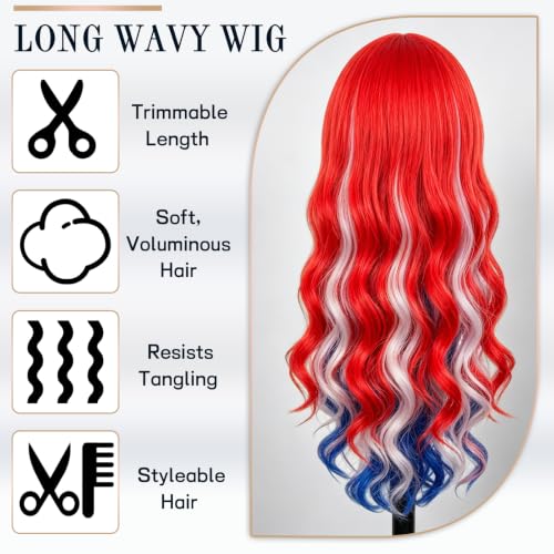 ANOGOL Red White Blue Wig - 32in Patriotic Costume Wig for Women