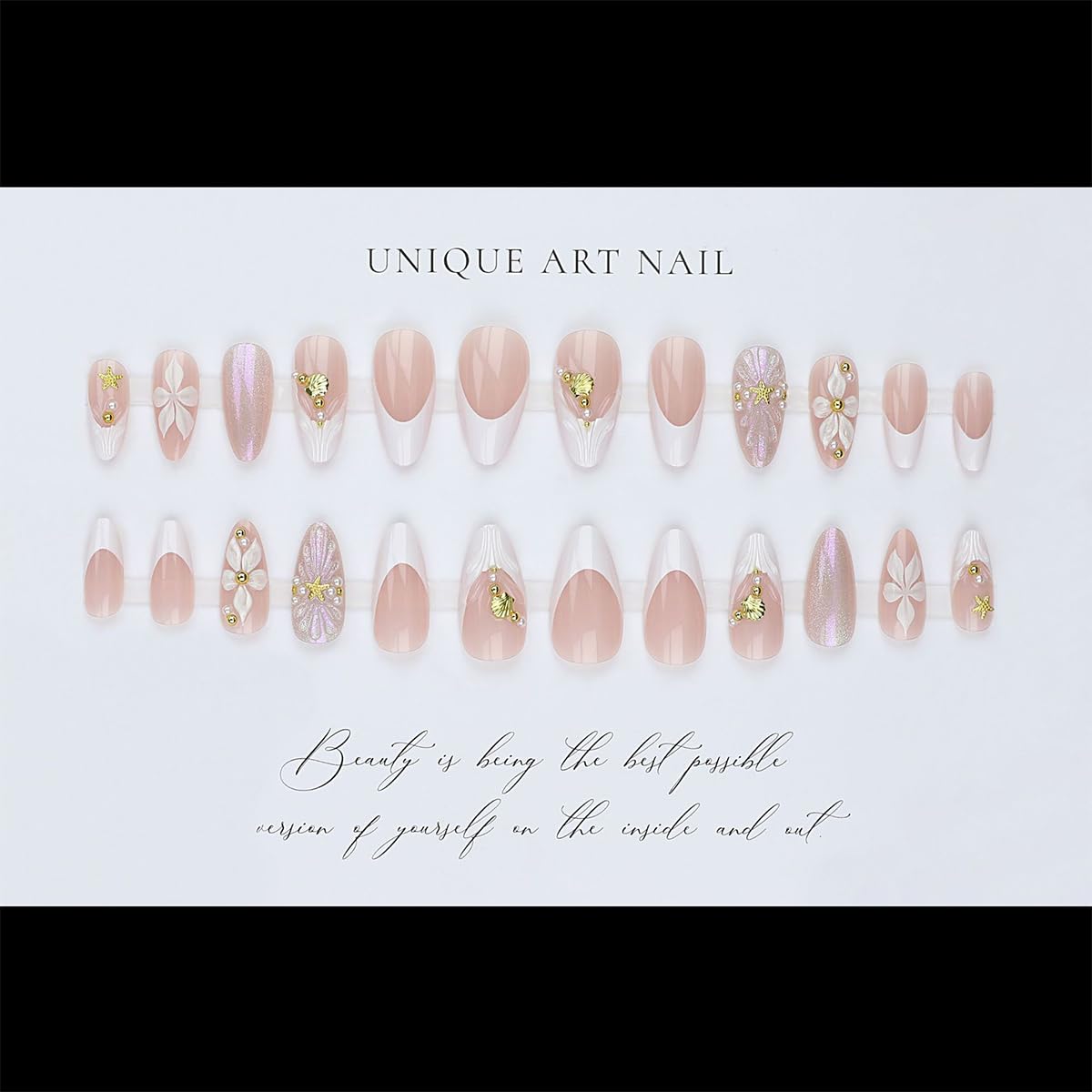 Almond French Tip Press on Nails Medium Fake Nails Glossy Nude Pink Stick on Nails with 3D Gold Balls Starfish Shell Charms Design White French Tip False Nails Flower Acrylic Nails for Women 24 Pcs