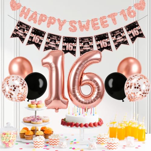 Zirtorei Sweet 16 Birthday Decorations Set - 10pcs Rose Gold Party Supplies