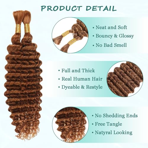 GveoXvo #30 Light Brown Deep Wave Bulk Human Braiding Hair 16 Inch - 2 Bundles