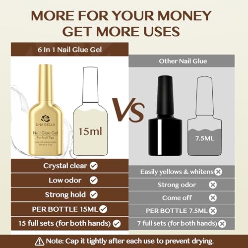 UNA GELLA 6 in 1 Gel Nail Glue for Clear Acrylic Nails Tips, 15ml U V Nail Glue Long Lasting Super Strong Brush for Base Coat, Clear Fake Nails, and Soft Gel Tips Lamp Curing Required