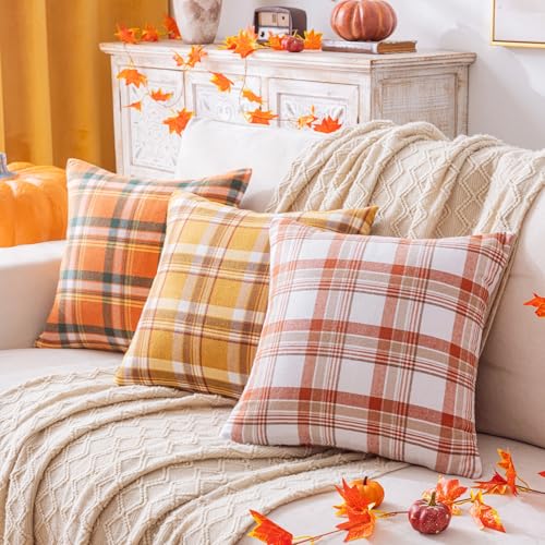 Set of 2 Orange Plaid Throw Pillow Covers - 18x18 Inch for Autumn Decor