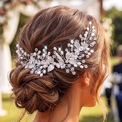 EASEDAILY Silver Pearl Wedding Hair Vine - Floral Bridal Headpiece