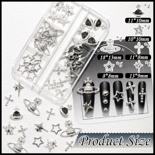 BELICEY 2 Boxes 3D Nail Charms & Silver Pearls Assorted Kit – Stars, Cross, Planet, Saturn Charms