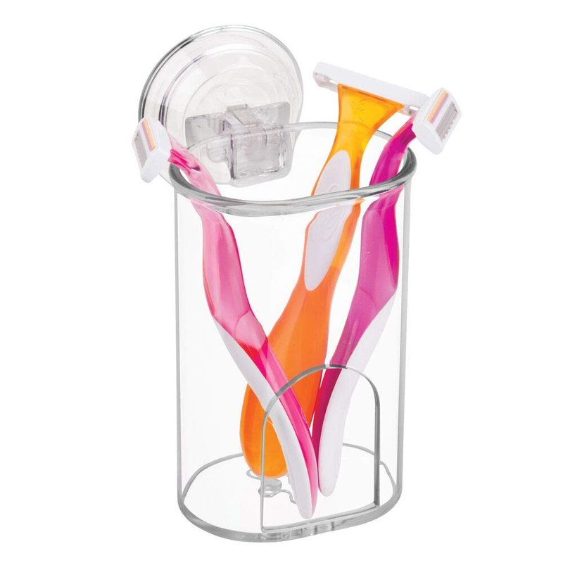 mDesign Compact Plastic Suction Storage Center for Bathroom Organization of Toothbrushes, Electric Toothbrushes, Razors - 2 Pack - Clear