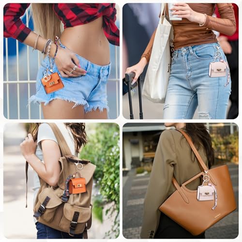 Mini Backpack Keychain Set - PU Leather Makeup Bag in Orange & Pink