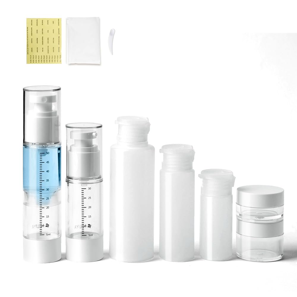 Travel Bottles Kits 7 Pcs , TSA Approved Leak Proof Toiletry Container Set, Graduated Vaccumn atomizer and Lotion Bottle, Squeeze Bottle, Transparent Cream Jar, for Shampoo Lotion Cream Cosmetic