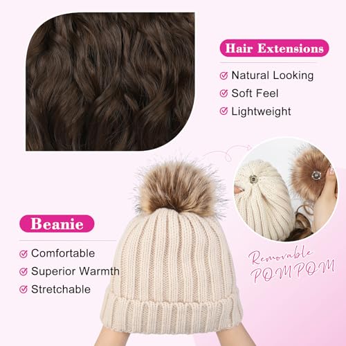 REECHO Women's Knitted Beanie Hat with 12" Chocolate Brown Hair Extension