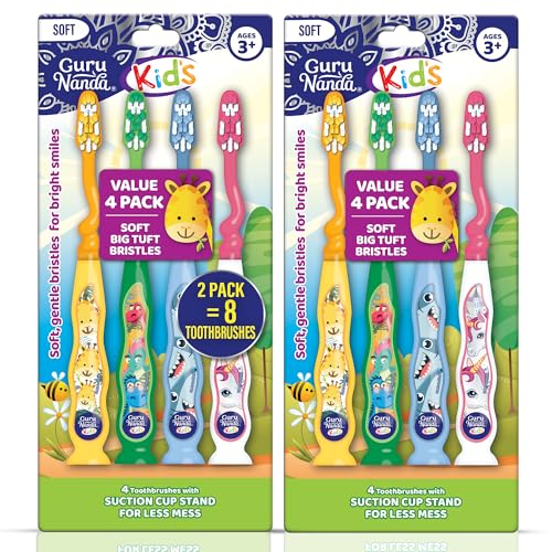GuruNanda Kids Toothbrush with Suction Cup - Soft Bristles, 4 Pack