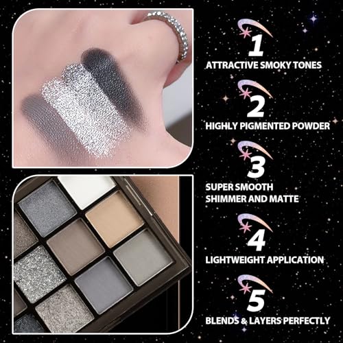 Black Smokey Grey 15-Color Eye Shadow Palette – Matte & Shimmer, Long-Lasting Pigment (Variation: black, grey) by PPPanYiDi