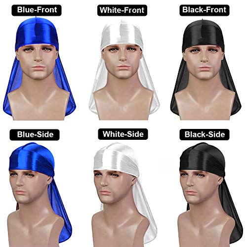 DURALA 3PCS Satin Durags with Double Sided Brush for Men Waves - Blue, White, Black