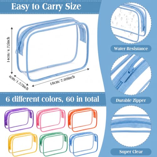 6 Pcs Clear Makeup Bags Bulk Travel Toiletry Case 7 x 5.5 x 1.6 In PVC Waterproof Zipper Pouch - Cunno Bright Color
